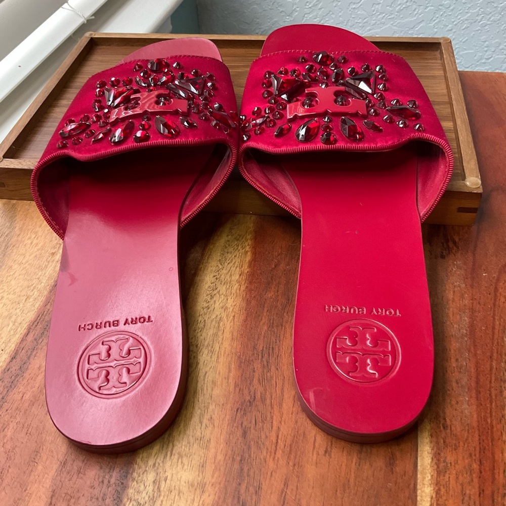 Tory Burch Bejeweled Sandals in Red.